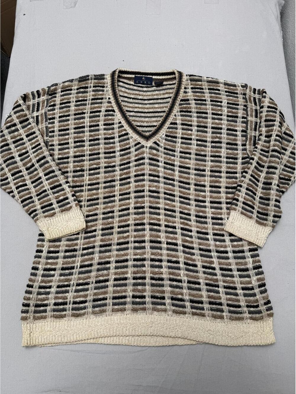 Vintage Enro Men's Sweater V-Neck Color Block 3D Muted L